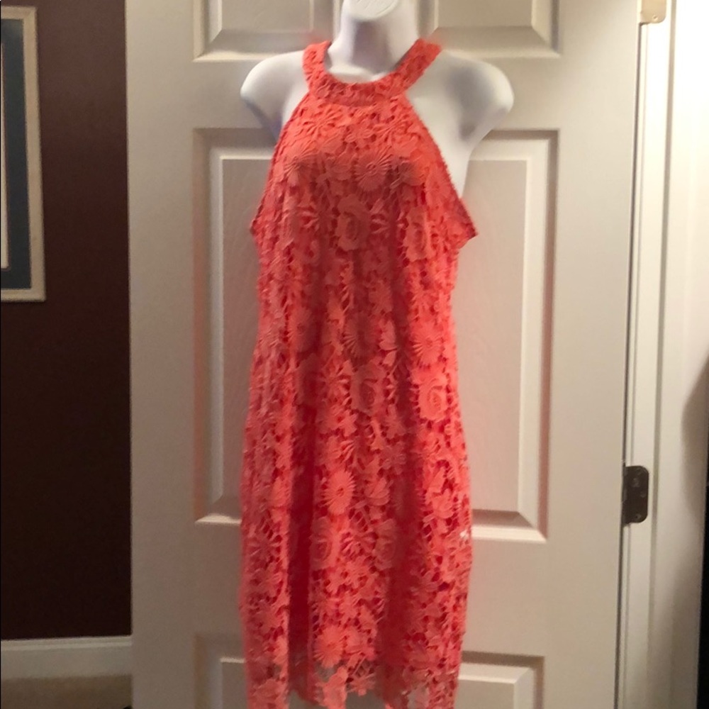 Halter lace dress. Peach lace halter sundress